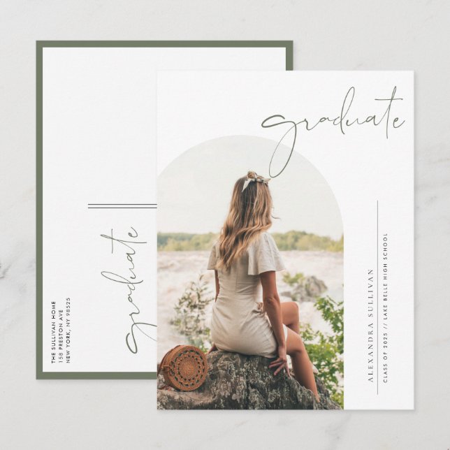 Invitation Carte Postale Boho Taupe Green Minimalist Arch Photo Graduation (Devant / Derrière)