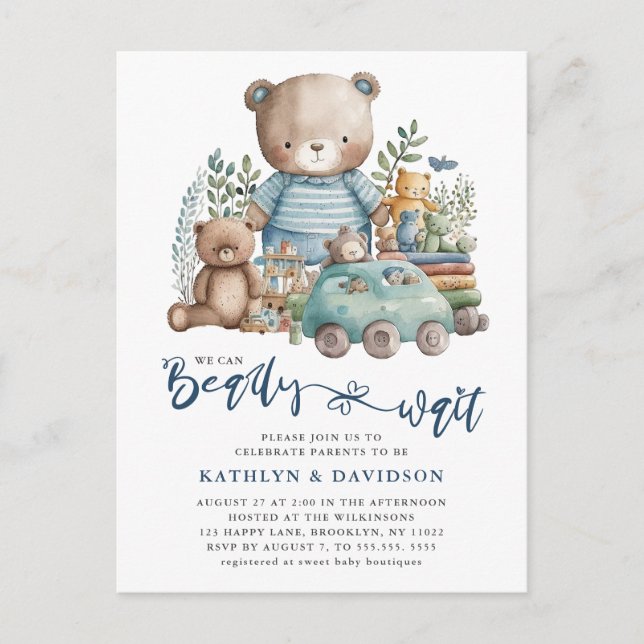 Invitation Carte Postale Bois Bleu Nous Pouvons À Peine Attendre Baby showe (Devant)