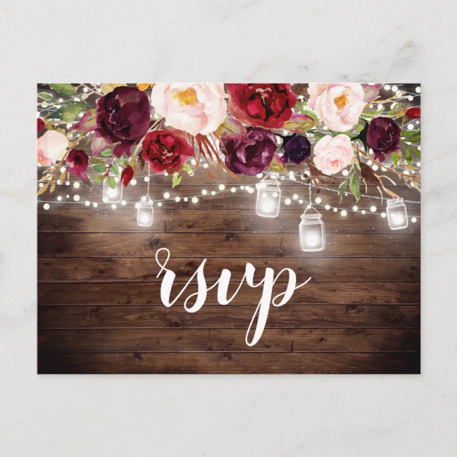 Invitation Carte Postale Bois Bourgogne Floral Mason Jar Lumières RSVP (Devant)