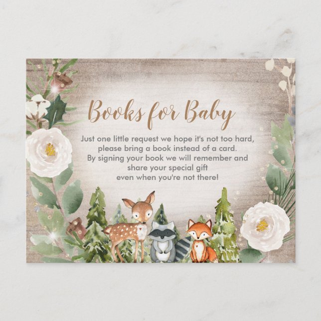 Invitation Carte Postale Bois d'hiver livres floraux blancs pour bébé invit (Devant)