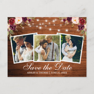 Invitation Carte Postale Bois Rustique Bourgogne Floral 3 Photo Enregistrer