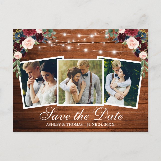 Invitation Carte Postale Bois Rustique Floral 3 Photo Enregistrer La Date (Devant)