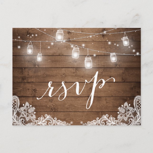 Invitation Carte Postale Bois rustique Mason Jar illumine dentelle mariage  (Devant)