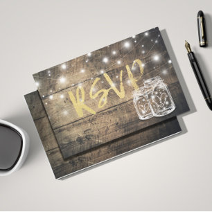 Invitation Carte Postale Bois rustique & Mason Jar String Lumières Mariage