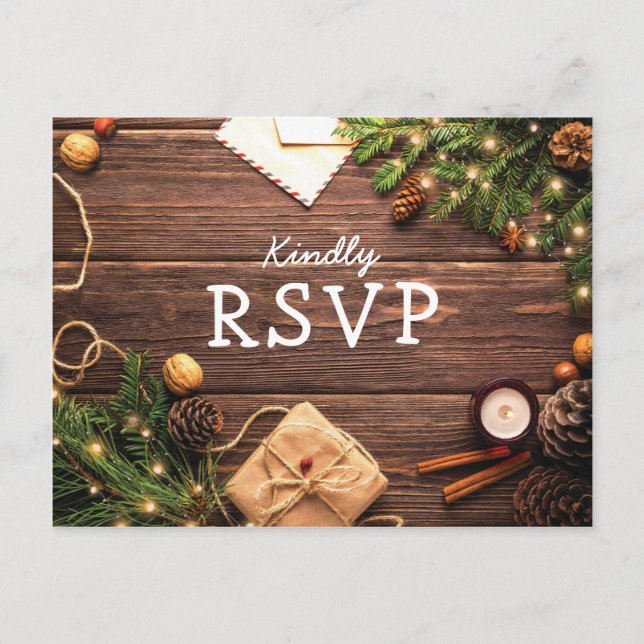 Invitation Carte Postale Bois rustique Noël hiver RSVP (Devant)