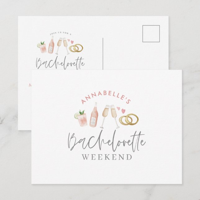 Invitation Carte Postale boissons peintes à l'aquarelle week-end bacheloret (Devant / Derrière)