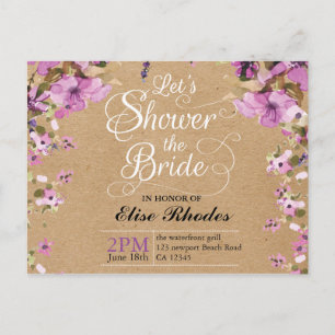 Invitation Carte Postale Botanique violet papier kraft fleuri Douche nuptia