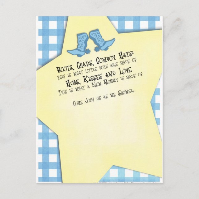 Invitation Carte Postale Bottes bleues occidentales pour Baby shower (Devant)