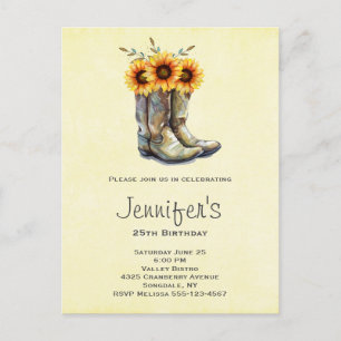 Invitation Carte Postale Bottes de cowboy rustiques avec des tournesols pou