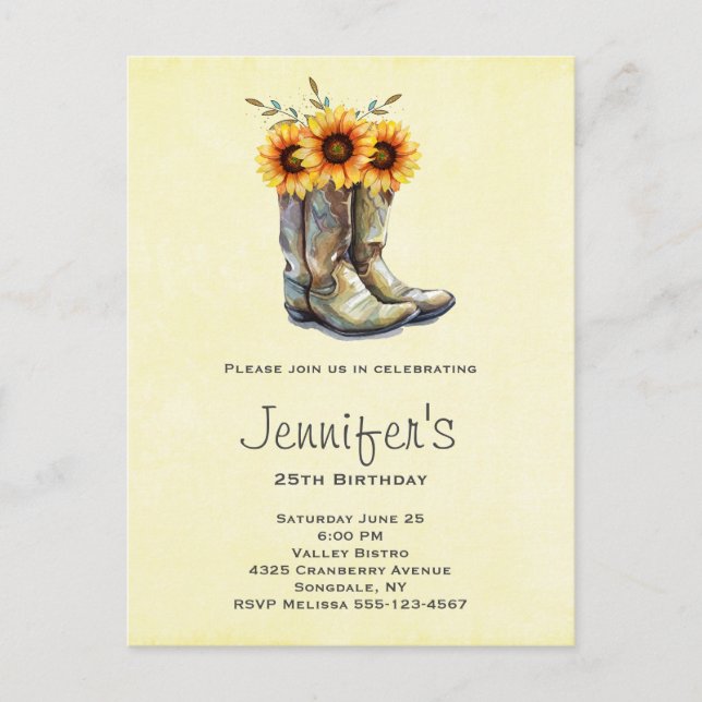 Invitation Carte Postale Bottes de cowboy rustiques avec des tournesols pou (Devant)
