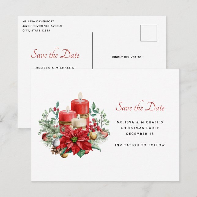 Invitation Carte Postale Bougies et bouquet floral Noël Sauvez la date (Devant / Derrière)