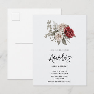 Invitation Carte Postale Bouquet de fleurs Red Grey & Cream Boho Anniversai