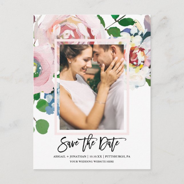 Invitation Carte Postale Bouquet floral chic avec script Enregistrer la dat (Devant)
