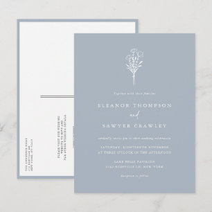 Invitation Carte Postale Bouquet minimaliste bleu Dusty QR Code Mariage