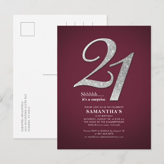 Invitation Carte Postale Bourgogne 21e anniversaire Sliver Parties scintill (Devant / Derrière)