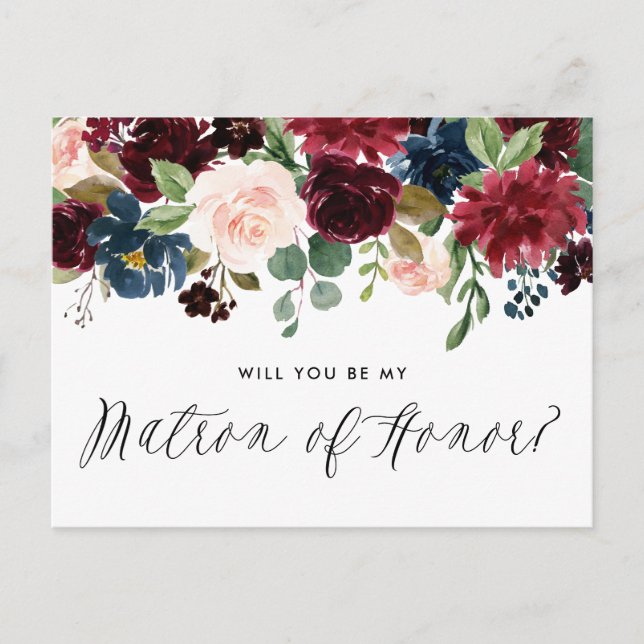 Invitation Carte Postale Bourgogne et bleu Floral Garland Matron d'honneur (Devant)