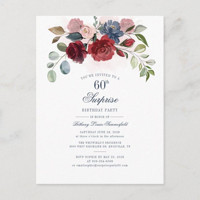 Invitation Carte Postale Bourgogne Floral 60e anniversaire Surprise Party (Devant)