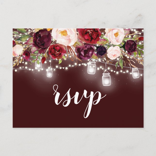 Invitation Carte Postale Bourgogne Floral Mason Jar Lumières RSVP (Devant)