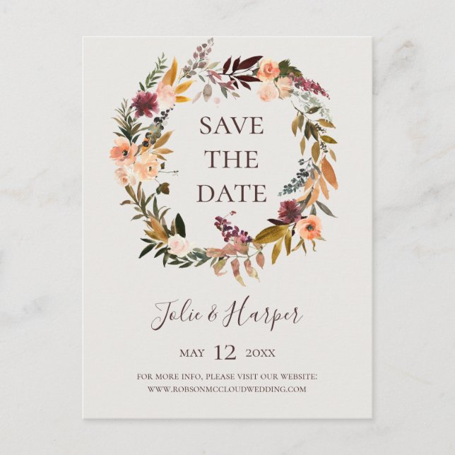 Invitation Carte Postale Bourgogne Orange Floral Beige Enregistrer La Date  (Devant)