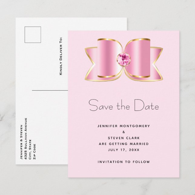 Invitation Carte Postale Bow en verre rose avec une pierre angulaire Enregi (Devant / Derrière)