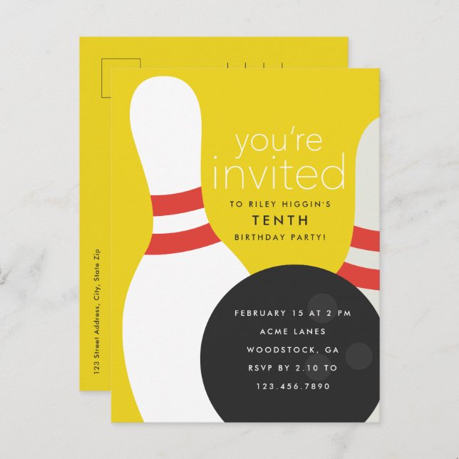 Invitation Carte Postale Bowling fête d'anniversaire (Devant / Derrière)