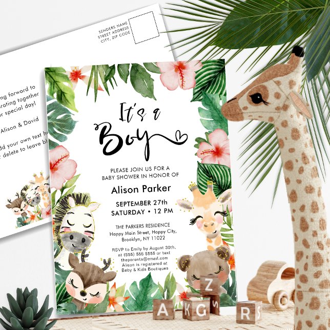 Invitation Carte Postale Boy Jungle Safari Baby shower tropical de verdure (Créateur téléchargé)