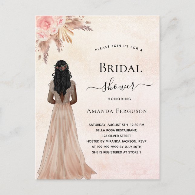Invitation Carte Postale Bride douche mariée rose or pampas boho (Devant)