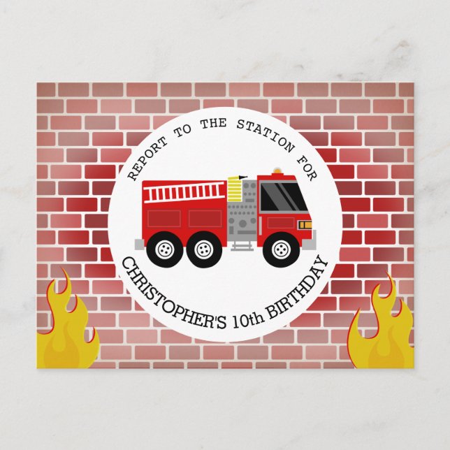 Invitation Carte Postale Briques pompier Camion Flames Anniversaire (Devant)