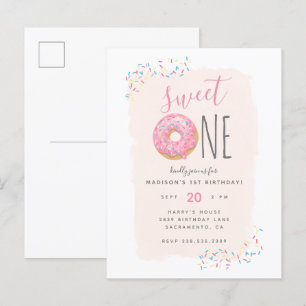 Invitation Carte Postale Brouiller Doughnut rose saupoudrer doux 1er anni
