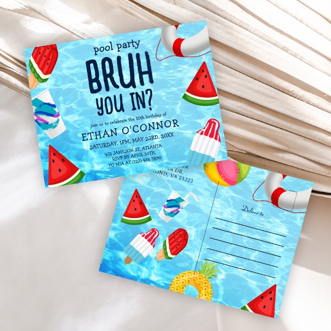 Invitation Carte Postale Bruh You In Pool Party Anniversaire de enfant (Bruh You In Pool Party Kids Birthday Invitation Postcard)