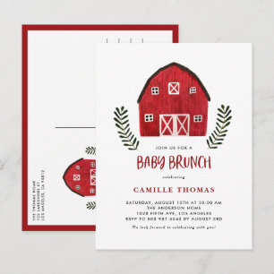 Invitation Carte Postale Brunch Bébé Ferme Rustique Aquarelle Grange Rouge