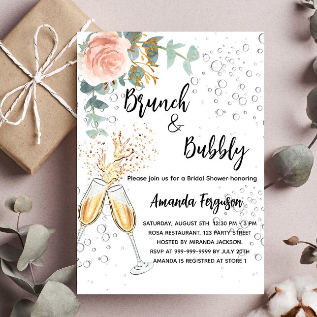 Invitation Carte Postale Brunch Bubbly Fête des mariées rose or fleuri (Créateur téléchargé)