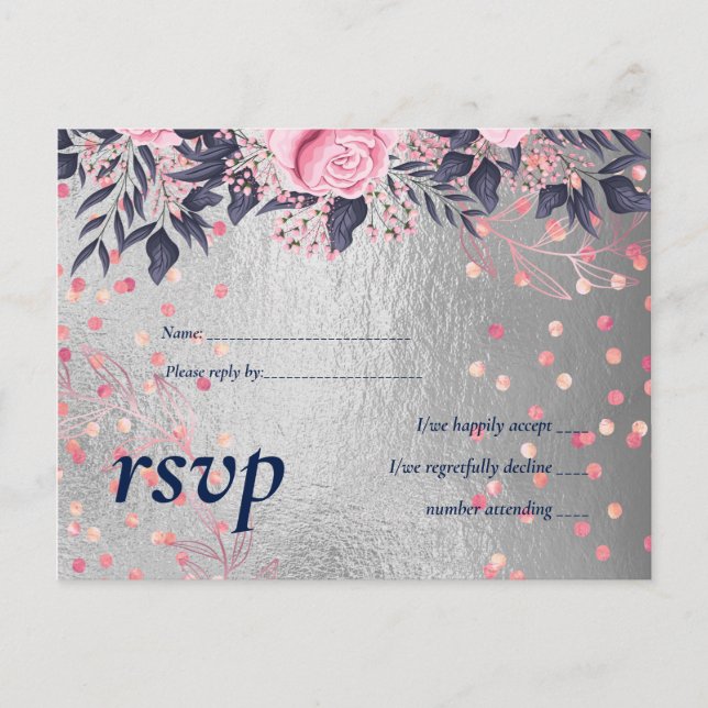 Invitation Carte Postale BUDGET Argent Rosegold Marine Mariage métallique r (Devant)