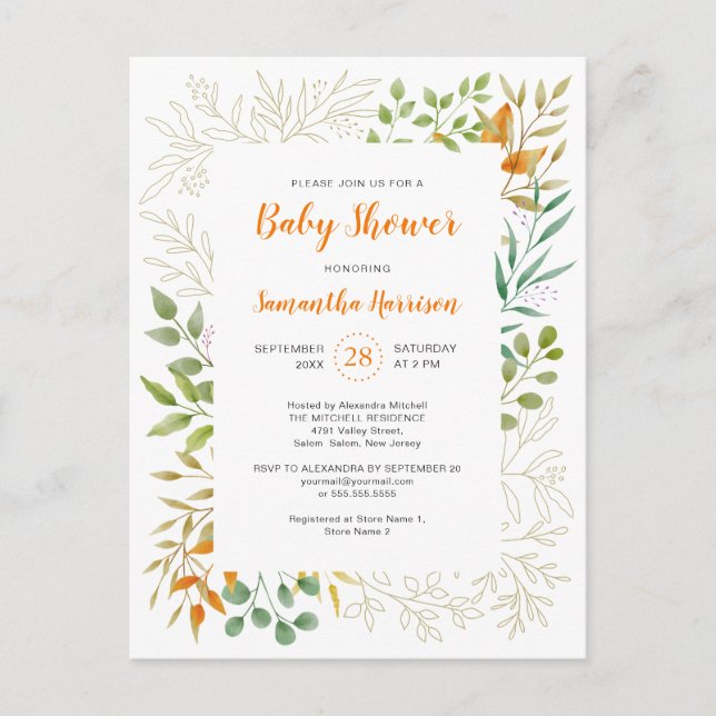 Invitation Carte Postale Budget Automne Foliage Joli Baby shower botanique (Devant)