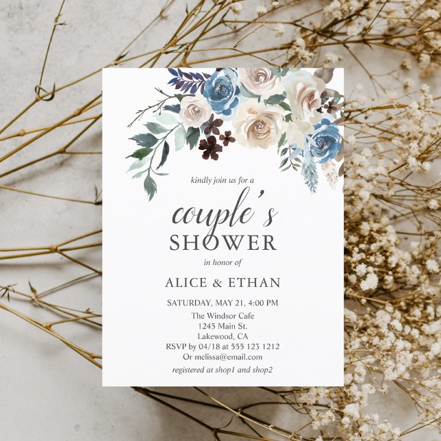 Invitation Carte Postale Budget Boho Blue Neutral Couples de fleurs Douche (Créateur téléchargé)