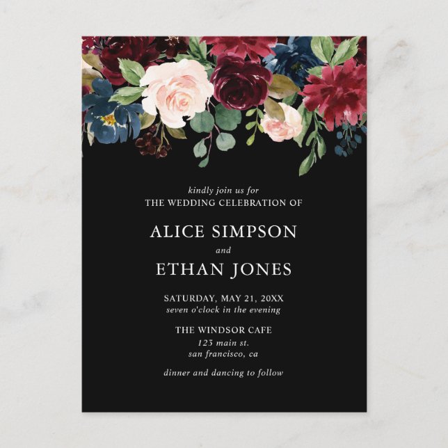 Invitation Carte Postale Budget Boho Navy Blue Burgundy Floral Mariage (Devant)