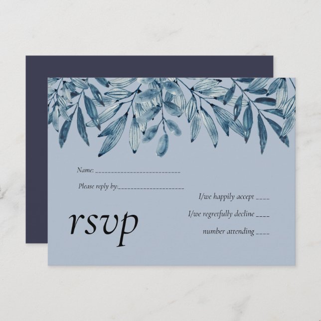 Invitation Carte Postale Budget DUSTY BLUE Foliage Mariage RSVP (Devant / Derrière)