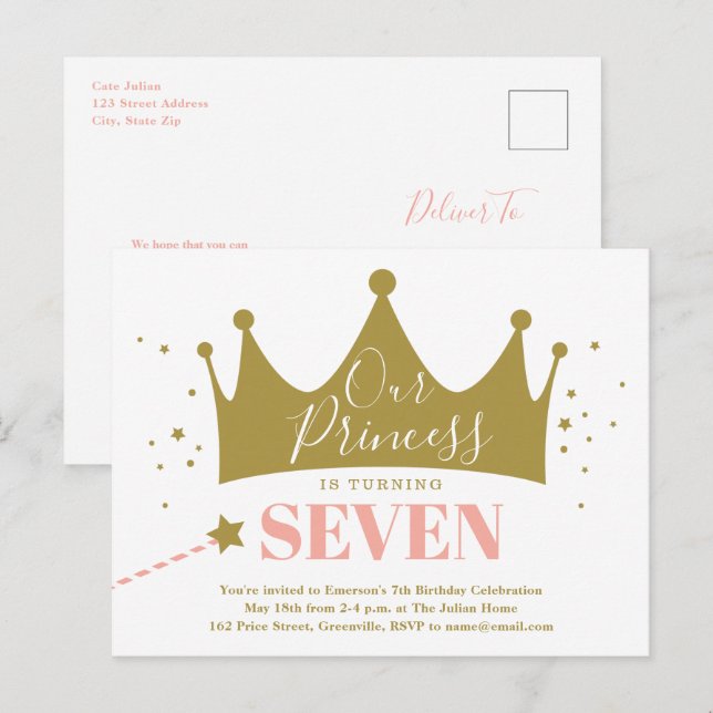 Invitation Carte Postale Budget Princesse rose enfant fête d'anniversaire (Devant / Derrière)