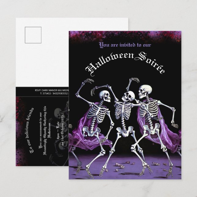 Invitation Carte Postale Budget Purple Dancing Skeletons Adultes Halloween (Devant / Derrière)