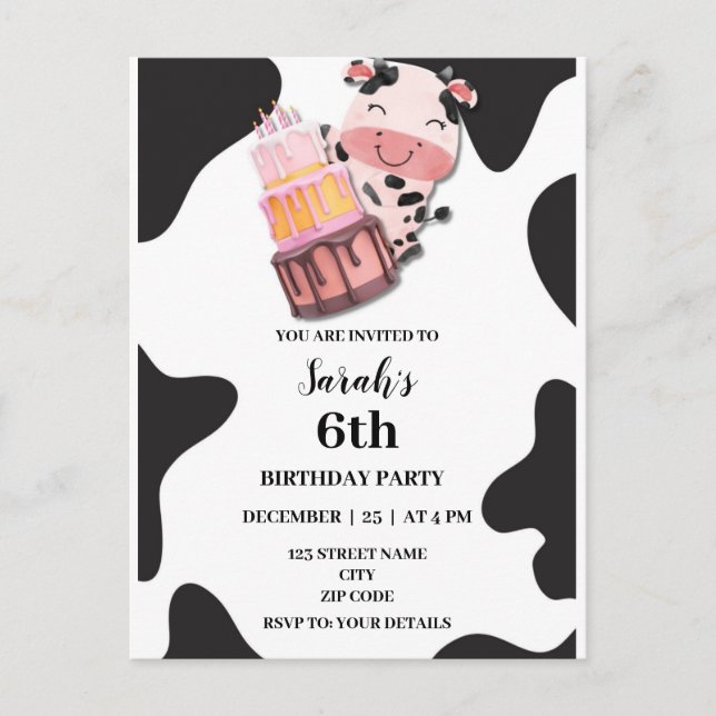 Invitation Carte Postale Budget Western Vache thème fête d'anniversaire (Devant)