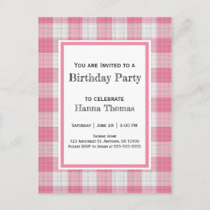 Invitation Carte Postale Buffle rose Plaid Anniversaire