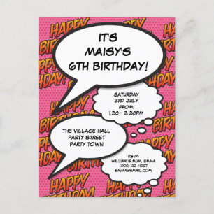 Invitation Carte Postale Bulle de texte de fête d'anniversaire rose et amus