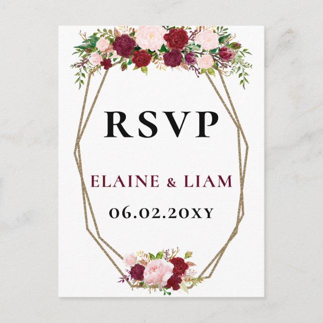 Invitation Carte Postale Burgundy Blush or Floral Monogramme Mariage rsvp (Devant)