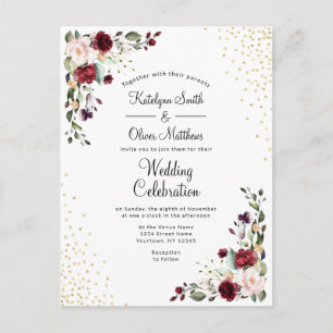 Invitation Carte Postale Burgundy Floral Gold feuille Aquarelle Mariage