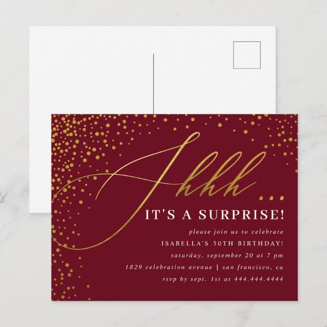 Invitation Carte Postale Burgundy & Gold Confetti Script Surprise Party (Devant / Derrière)