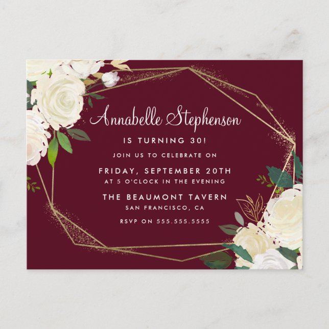 Invitation Carte Postale Burgundy Marsala Gold Geometry Anniversaire (Devant)
