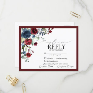 Invitation Carte Postale Burgundy Navy Blue Floral Aquarelle Script RSVP