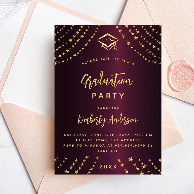 Invitation Carte Postale Burgundy or stars fête de graduation année moderne (Créateur téléchargé)