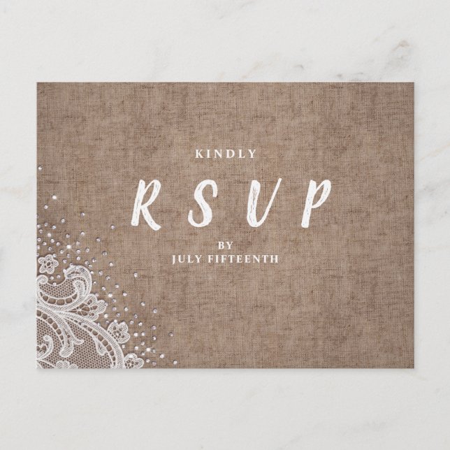 Invitation Carte Postale Burlap Lace argent parties scintillant mariage rus (Devant)