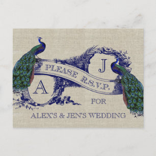 Invitation Carte Postale Burlap Linen Peacocks Vintage Mariage rustique RSV